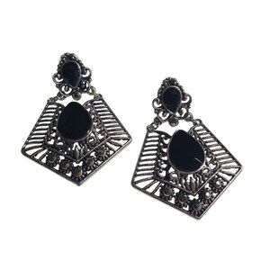 Black Teardrop Boho Style Dangle Earrings Ornate Metal Accents Statement Jewelry